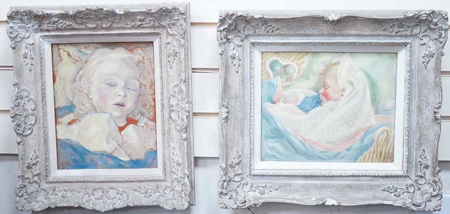 Henry James Neave (1911-1971), Studies of a sleeping child, unsigned, various inscriptions verso, pair of oils on canvas, ornate frames, 24 x 29cm